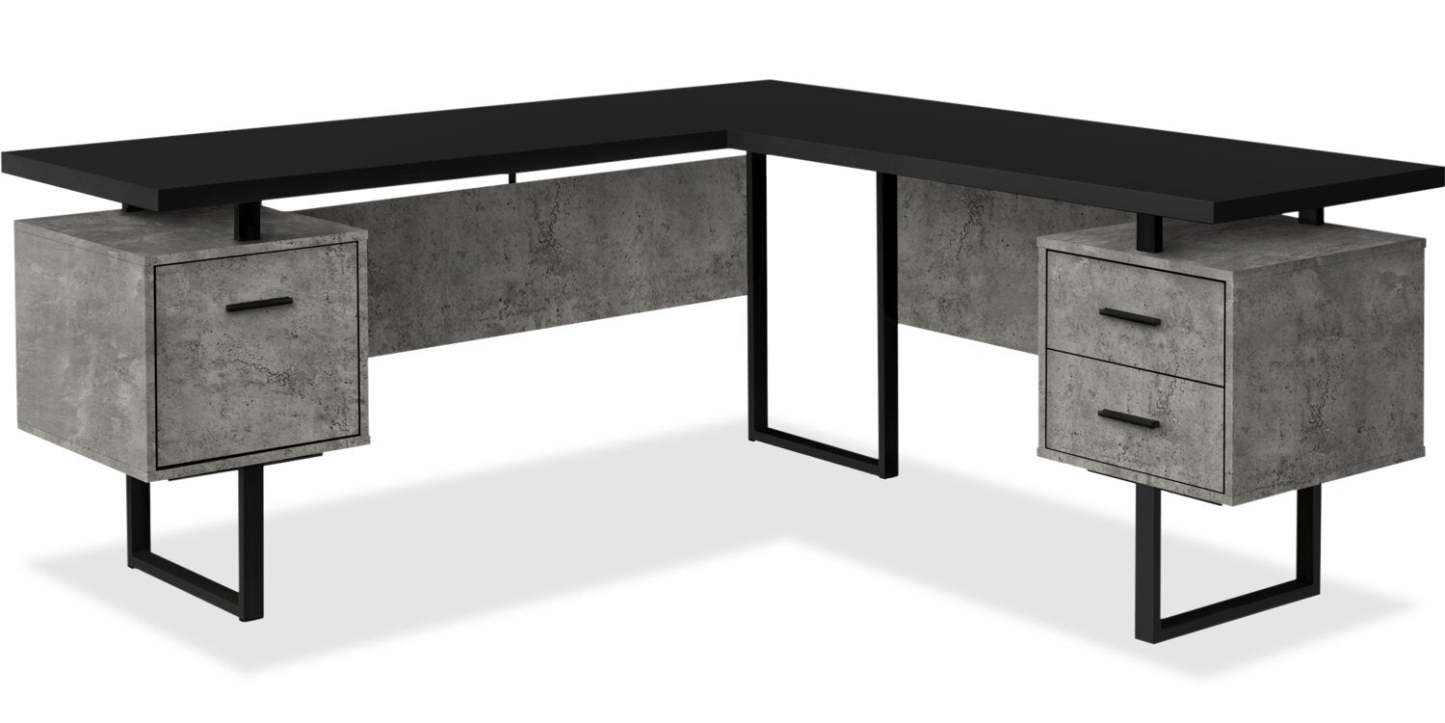 Bureau en coin en forme de L réversible Marnie de 71 po à 3 tiroirs - aspect béton noir