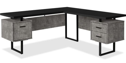 Bureau en coin en forme de L réversible Marnie de 71 po à 3 tiroirs - aspect béton noir