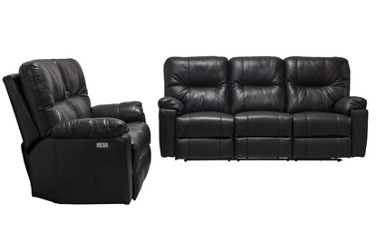 Sofa à inclinaison électrique Dawson de 87 po fabriqué au Canada en cuir véritable avec port USB et oussins décoratifs - noir
