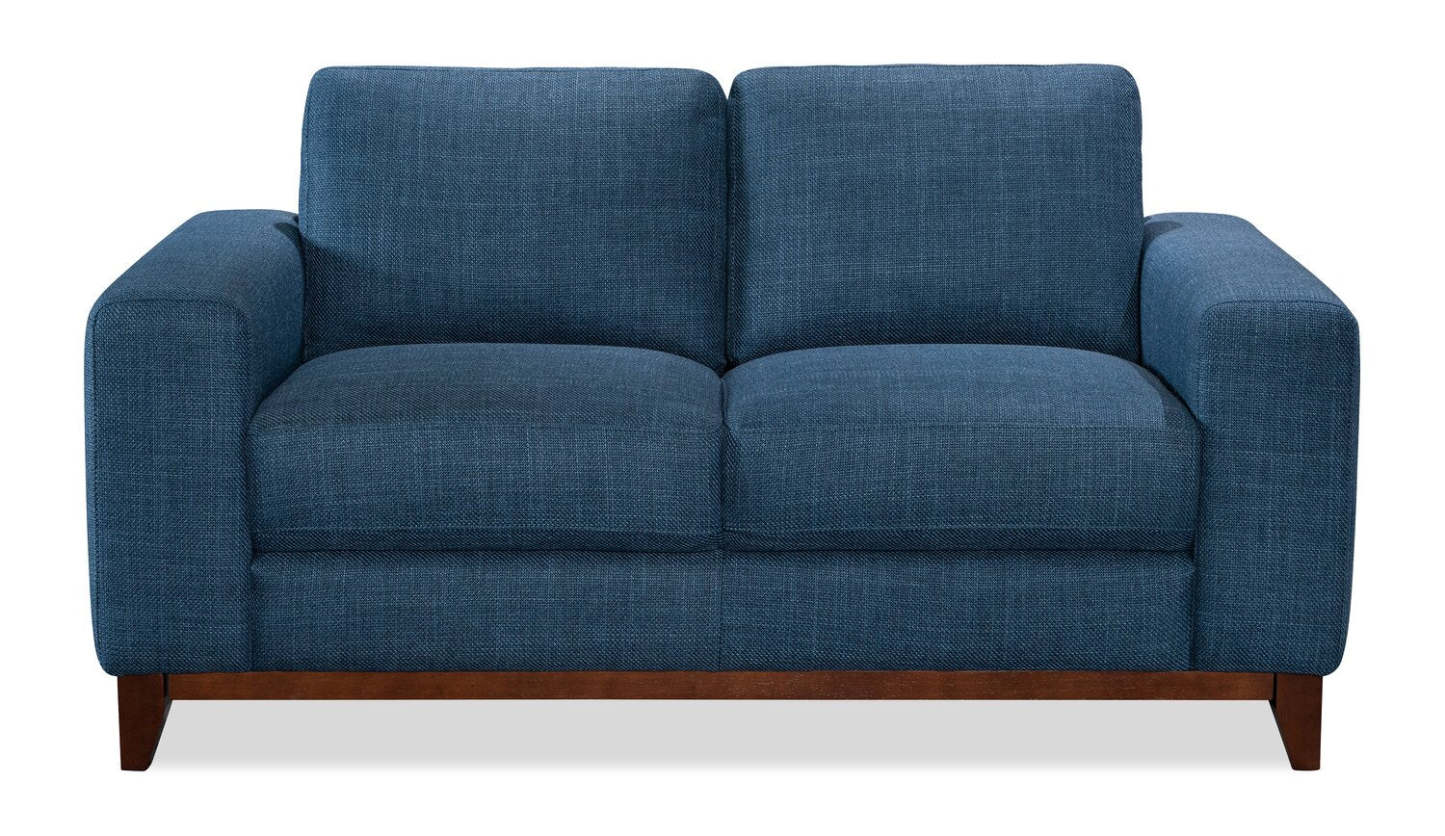 Causeuse River de 63,3 po en tissu d’apparence lin avec base et pattes en bois - bleue