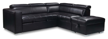 Sofa-lit sectionnel de droite Drake 3 pièces en tissu d’apparence cuir avec pouf de rangement - noir