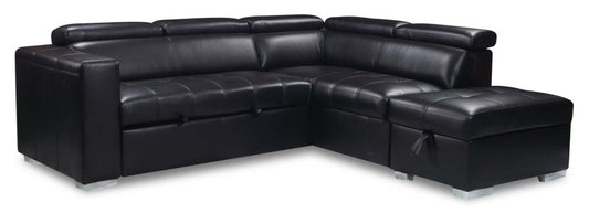 Sofa-lit sectionnel de droite Drake 3 pièces en tissu d’apparence cuir avec pouf de rangement - noir