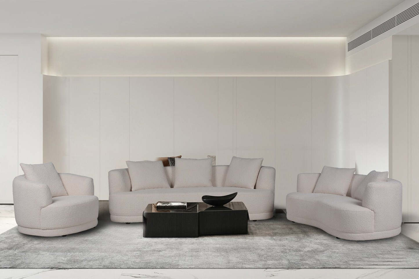 Canapé arrondi Moon de 91 po en tissu avec coussins décoratifs - blanc amande laineux