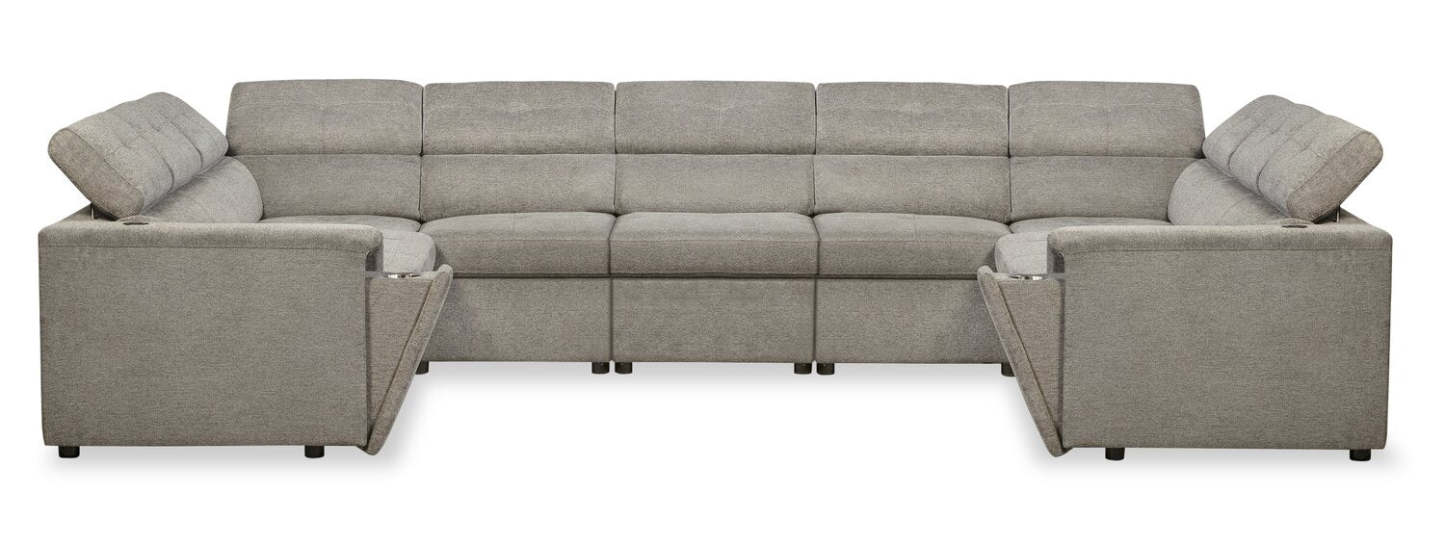 Sofa sectionnel Savvy 5 pièces en tissu d’apparence lin avec appuie-têtes réglables, porte-gobelets et port USB - gris
