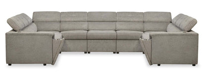 Sofa sectionnel Savvy 5 pièces en tissu d’apparence lin avec appuie-têtes réglables, porte-gobelets et port USB - gris