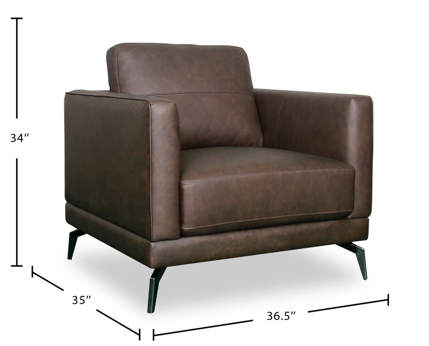 Chaise Melrose 36,5 en cuir véritable de première qualité avec pieds en métal - Brun foncé | Fauteuil Melrose de 36,5 po en cuir de qualité supérieure avec pattes en métal véritable - brun foncé