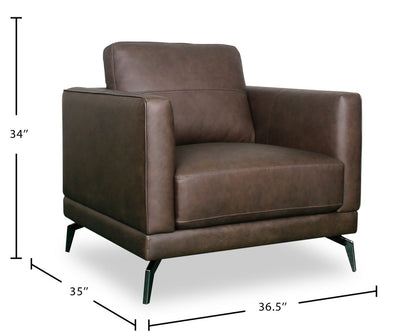 Chaise Melrose 36,5 en cuir véritable de première qualité avec pieds en métal - Brun foncé | Fauteuil Melrose de 36,5 po en cuir de qualité supérieure avec pattes en métal véritable - brun foncé