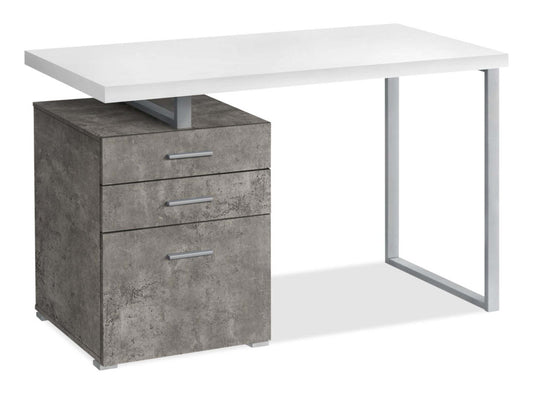 Bureau réversible Clayton 47.25 avec 3 tiroirs - Blanc/Aspect Béton|Bureau réversible Clayton de 47,25 po à 3 tiroirs - blanc et apparence béton
