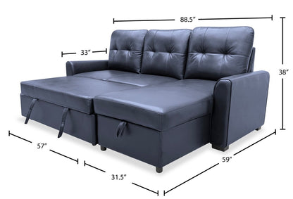 Sofa-lit sectionnel de droite Carter 2 pièces en tissu d’apparence cuir avec fauteuil long de rangement - noir