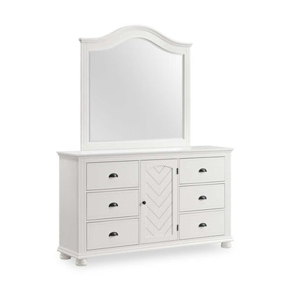 Ensemble de chambre à coucher Ella 6 pièces avec lit à panneaux, commode, miroir et table de nuit, blanc - Pleine grandeur | Ensemble de chambre à coucher Ella 6 pièces blanc avec lit à panneaux, commode, miroir et table de nuit - format lit double