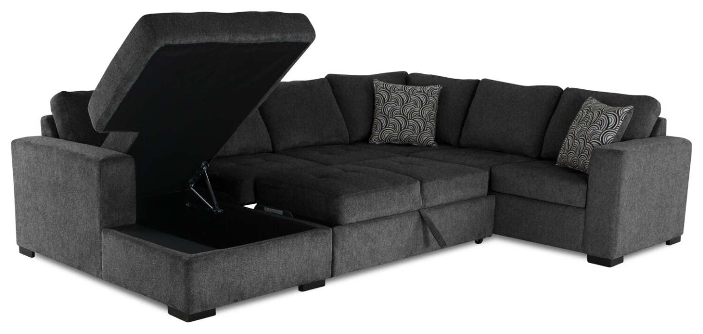 Fabriqué au Canada, sectionnel convertible Legend 4 pièces en tissu chenille avec chaise longue de rangement - gris poivre