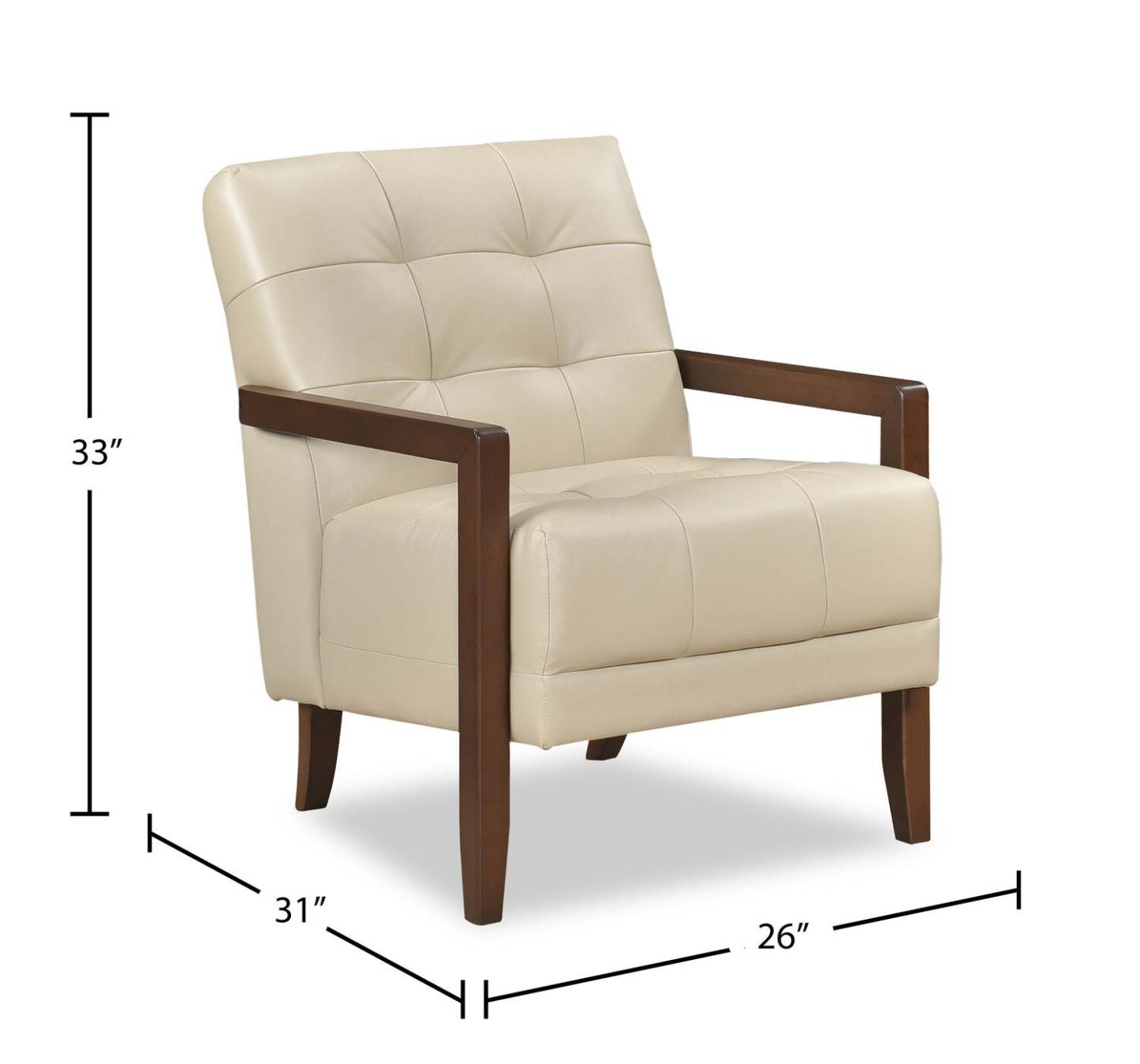 Fauteuil d'appoint Enzo 26 en cuir véritable avec capitonnage biscuit, accoudoirs sur rail et pieds en bois - Beige | Fauteuil d'appoint Enzo de 26 po en cuir avec capitonnage en véritable biscuit, accoudoirs rectilignes et pattes en bois - beige