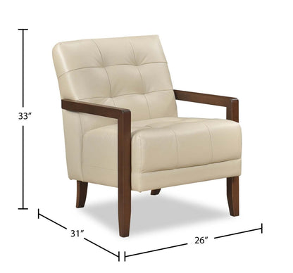 Fauteuil d'appoint Enzo 26 en cuir véritable avec capitonnage biscuit, accoudoirs sur rail et pieds en bois - Beige | Fauteuil d'appoint Enzo de 26 po en cuir avec capitonnage en véritable biscuit, accoudoirs rectilignes et pattes en bois - beige