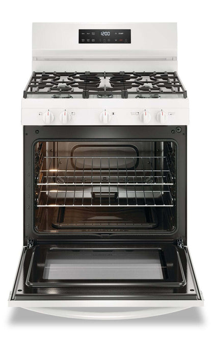 Cuisinière à gaz Frigidaire de 5,1 pi³ avec préchauffage rapide et surface de cuisson à 5 brûleurs - Blanc - FCRG3062AW | Frigidaire 5.1 Cu. Ft. Gas Range With Quick Preheat and Five Burner Cooktop -…