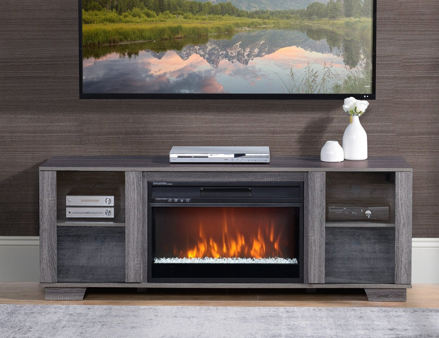 Antoni 62 Modern Electric Fireplace TV Stand with Storage and Cable Management for TVs up to 70- Grey|Meuble pour téléviseur moderne Antoni de 62 po avec foyer électrique, rangement et système de gestion des câbles pour téléviseurs jusqu’à 70 po - gris