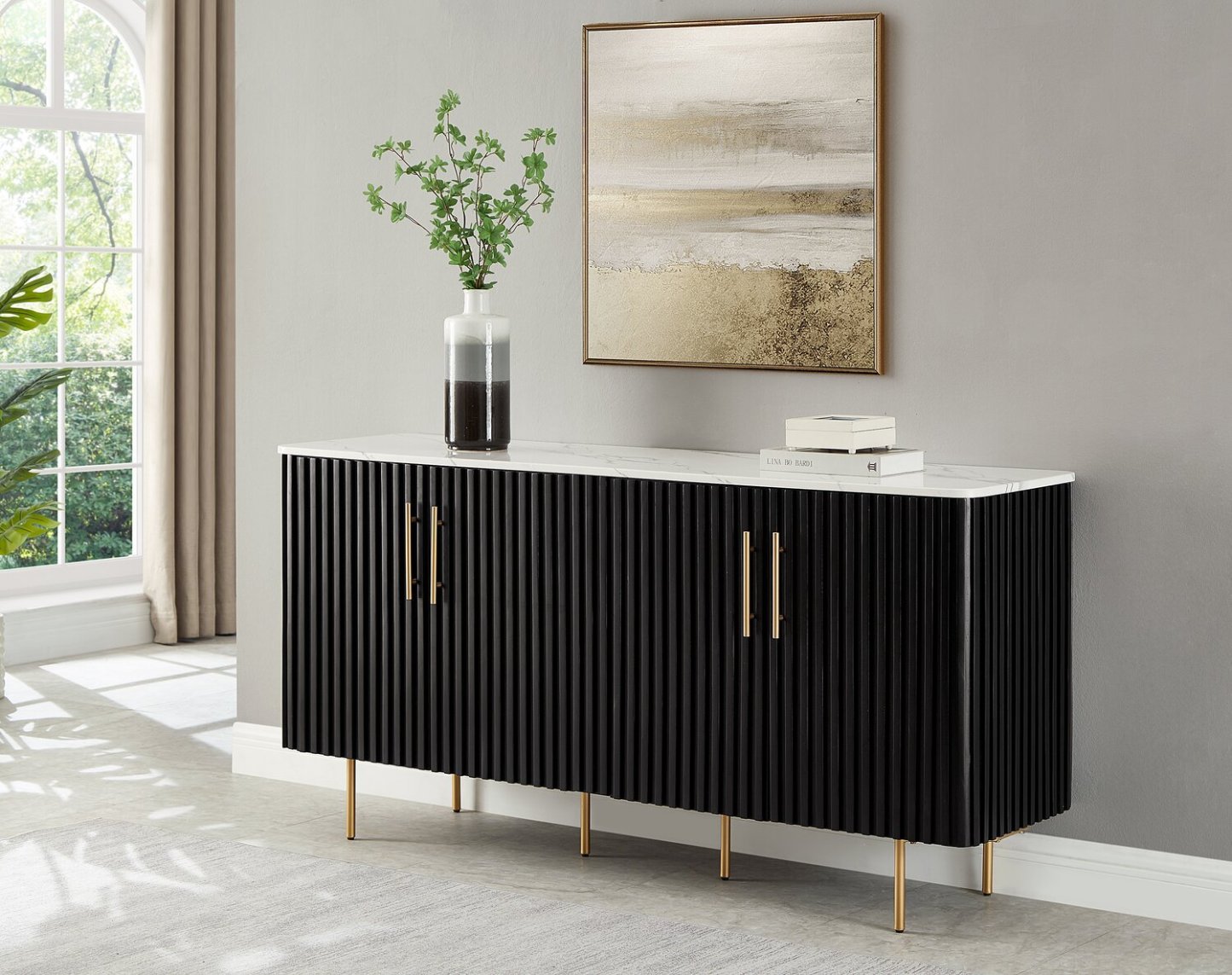 Desserte de salle à manger Capri de Kort &amp; Co. de 66 po (L) avec rangement, dessus en imitation de marbre et touches dorées - noire et blanche