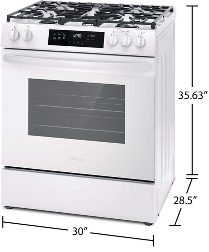 Cuisinière à gaz Frigidaire de 5,1 pi³ avec préchauffage rapide et surface de cuisson à 5 brûleurs - Blanc - FCFG3062AW | Frigidaire 5.1 Cu. Ft. Gas Range With Quick Preheat and Five Burner Cooktop -…