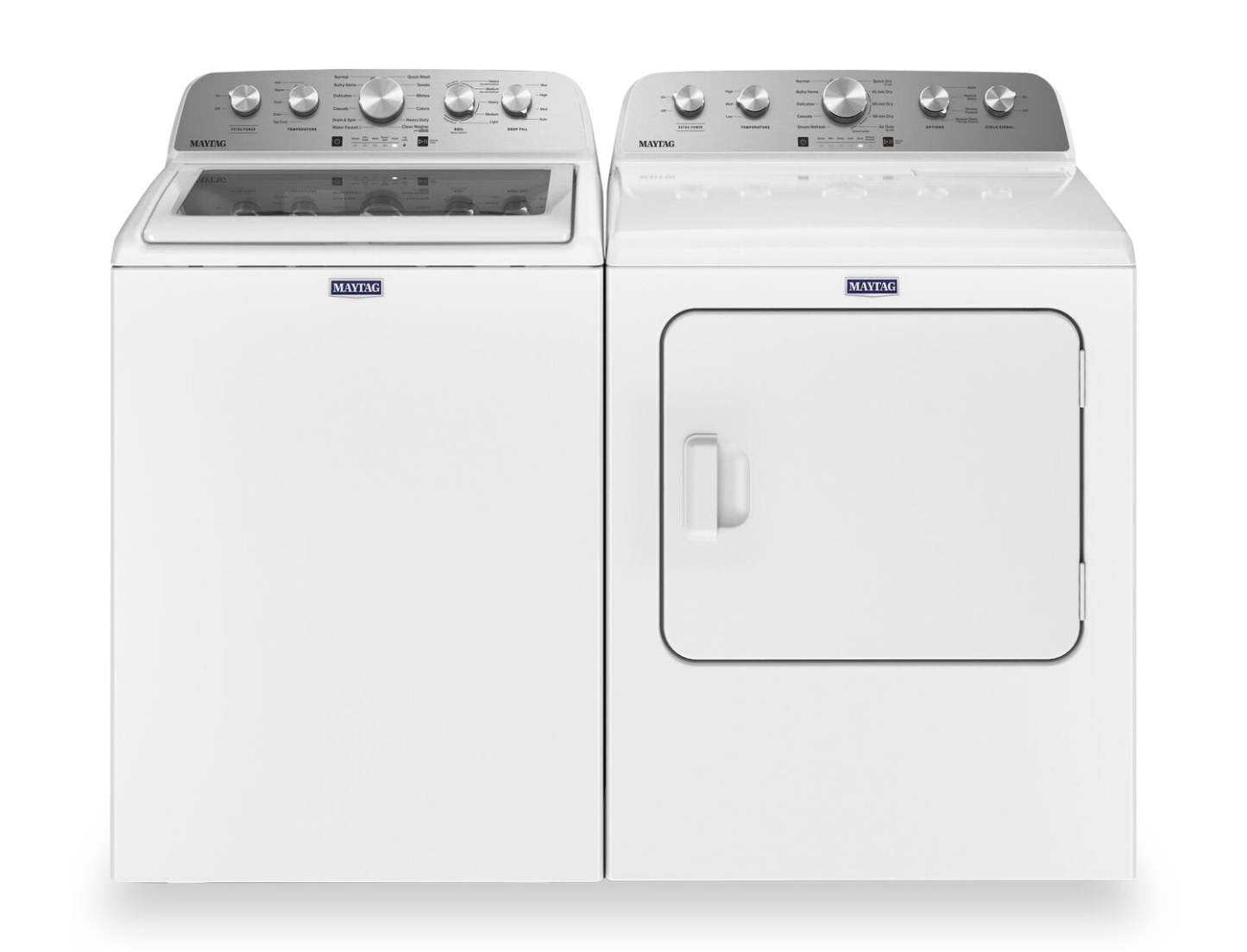 Maytag 5,4 pi3 Laveuse à chargement par le haut et 7 pi3 Sécheuse électrique avec vapeur - blanche | Laveuse à chargement par le haut 5,4 pi3 et sécheuse électrique 7 pi3 avec vapeur de Maytag - blanches | MATL545W