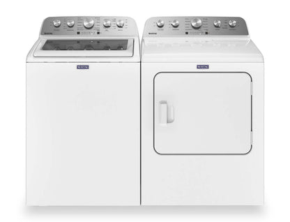 Maytag 5,4 pi3 Laveuse à chargement par le haut et 7 pi3 Sécheuse électrique avec vapeur - blanche | Laveuse à chargement par le haut 5,4 pi3 et sécheuse électrique 7 pi3 avec vapeur de Maytag - blanches | MATL545W