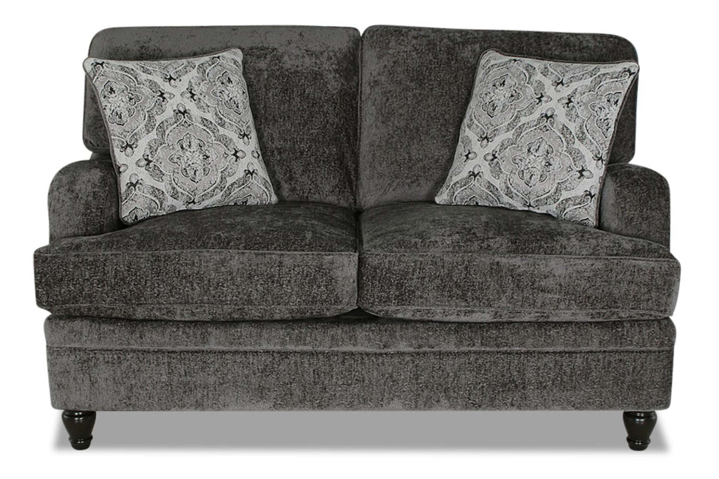Made in Canada Bellmont 64 Chenille Fabric Loveseat with Reversible Cushions and Wood Legs - Charcoal Grey | Causeuse Bellmont de 64 po fabriquée au Canada en tissu de chenille avec coussins réversibles et pattes en bois - gris anthracite