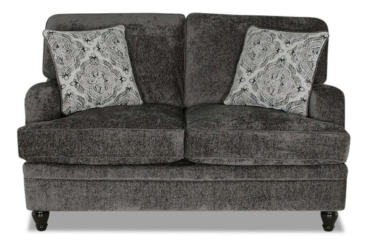 Made in Canada Bellmont 64 Chenille Fabric Loveseat with Reversible Cushions and Wood Legs - Charcoal Grey | Causeuse Bellmont de 64 po fabriquée au Canada en tissu de chenille avec coussins réversibles et pattes en bois - gris anthracite