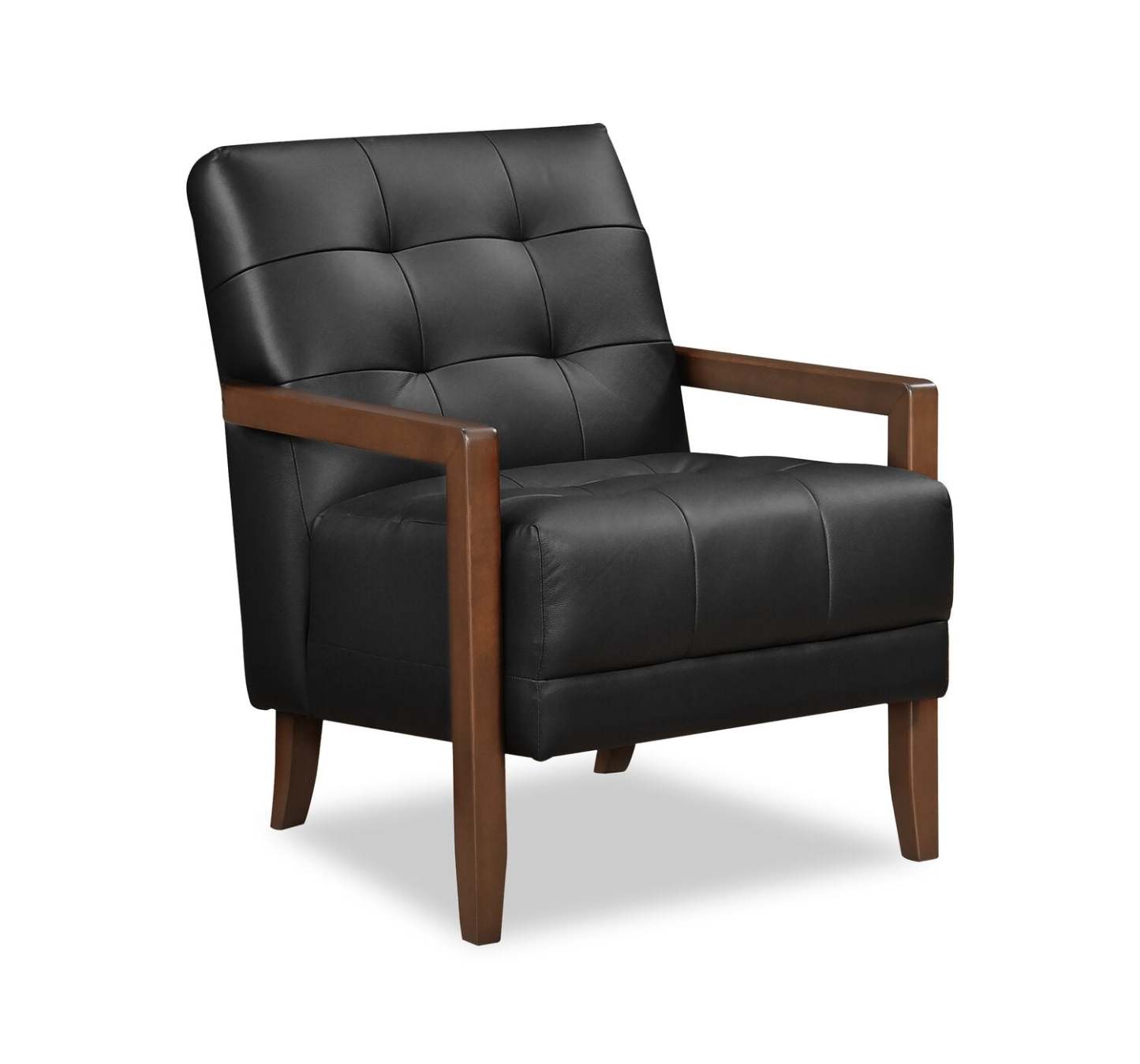 Fauteuil d'appoint Enzo 26 en cuir véritable avec capitonnage en biscuit, accoudoirs sur rail et pieds en bois - Noir | Fauteuil d'appoint Enzo de 26 po en cuir avec capitonnage en véritable biscuit, accoudoirs rectilignes et pattes en bois - noir