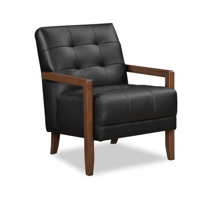 Fauteuil d'appoint Enzo 26 en cuir véritable avec capitonnage en biscuit, accoudoirs sur rail et pieds en bois - Noir | Fauteuil d'appoint Enzo de 26 po en cuir avec capitonnage en véritable biscuit, accoudoirs rectilignes et pattes en bois - noir