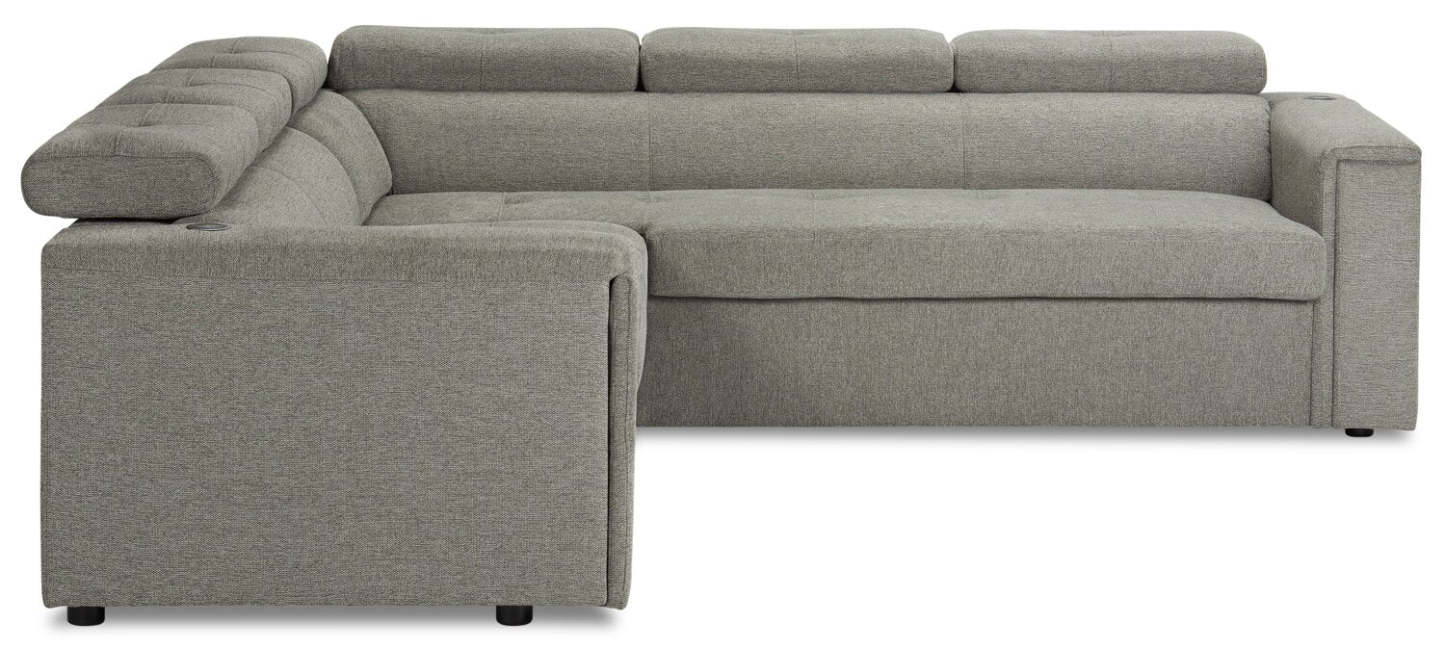 Savvy 2-Piece Right-Facing Linen-Look Fabric Sectional with Adjustable Headrests, Cupholders and USB Port - Grey | Canapé sectionnel droit Savvy 2 pièces en tissu d’apparence lin avec appuie-têtes réglables, porte-gobelets et port USB - gris