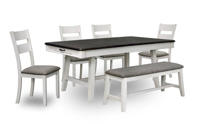 Echo 6pc Dining Table Set with Table, Bench & 4 Chairs, Storage Drawers, Trestle Base, 70W - White/Grey | Ensemble de table de salle à manger Echo 6 pièces avec table de 70 po (L), tiroirs de rangement, base à tréteaux, banc et 4 chaises - blanc-gris