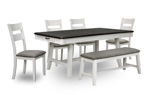 Echo 6pc Dining Table Set with Table, Bench & 4 Chairs, Storage Drawers, Trestle Base, 70W - White/Grey | Ensemble de table de salle à manger Echo 6 pièces avec table de 70 po (L), tiroirs de rangement, base à tréteaux, banc et 4 chaises - blanc-gris
