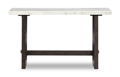 Table de canapé Warwick 52" en bois massif et marbre – Chêne blanc et brun | Table de salon Warwick de 52 po en bois massif et en marbre - blanche et chêne brun