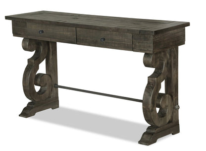 Table de salon traditionnelle Bellamy de 50 po avec rangement - pin brun foncé avec base en bois à volutes