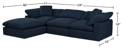 Canapé sectionnel modulaire Eclipse 4 pièces en tissu d'apparence lin avec pouf et coussins réversibles en couette et plumes - bleu marine