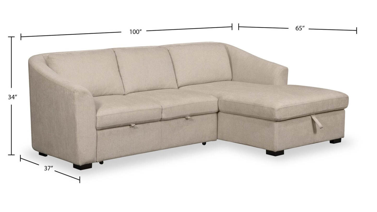 Canapé-lit sectionnel Envy 2 pièces orienté vers la droite en tissu chenille avec méridienne de rangement - Beige amande | Canapé-lit sectionnel de droite Envy 2 pièces en tissu chenille avec méridienne de rangement - beige amande