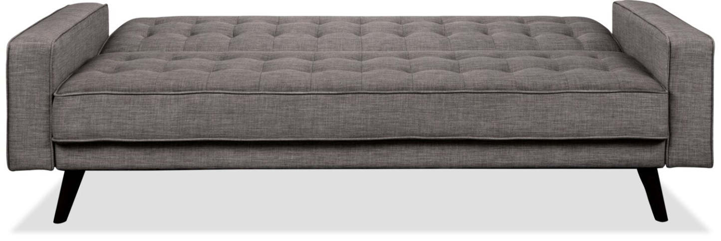 Futon Klik Klak Avery 81,5 en tissu d'apparence lin avec capitonnage et deux oreillers d'accoudoir - Gris | Futon Avery de 81,5 po en tissu d'apparence lin avec mécanisme Klik Klak, capitonnage et deux accoudoirs coussinés - gris