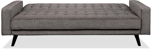 Futon Klik Klak Avery 81,5 en tissu d'apparence lin avec capitonnage et deux oreillers d'accoudoir - Gris | Futon Avery de 81,5 po en tissu d'apparence lin avec mécanisme Klik Klak, capitonnage et deux accoudoirs coussinés - gris