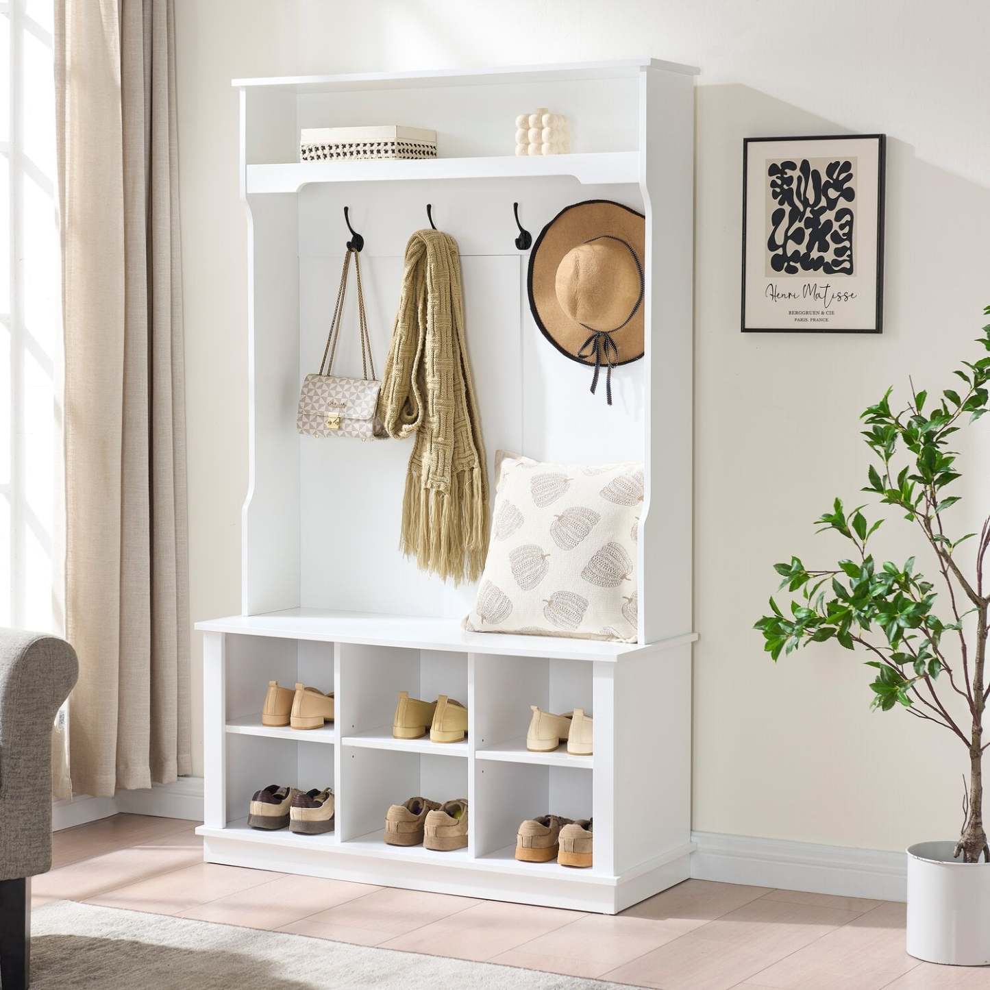 Quinn 39.75 Hall Tree with Shoe Storage - Matte White | Portemanteau Quinn de 39,75 po avec rangement pour chaussures - blanc mat | QUINNHAL
