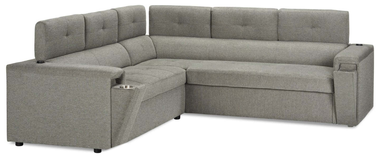 Savvy 2-Piece Right-Facing Linen-Look Fabric Sectional with Adjustable Headrests, Cupholders and USB Port - Grey | Canapé sectionnel droit Savvy 2 pièces en tissu d’apparence lin avec appuie-têtes réglables, porte-gobelets et port USB - gris