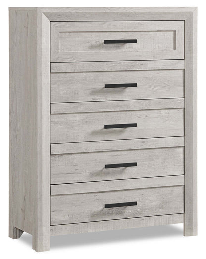 Commode de chambre à coucher Lark, 5 tiroirs, 35 L x 47 H - Blanc rustique | Commode verticale de chambre à coucher Lark de 35 po (L) x 47 po (H) à 5 tiroirs - blanc rustique