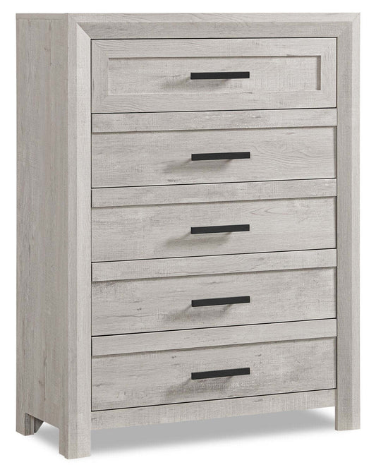 Commode de chambre à coucher Lark, 5 tiroirs, 35 L x 47 H - Blanc rustique | Commode verticale de chambre à coucher Lark de 35 po (L) x 47 po (H) à 5 tiroirs - blanc rustique
