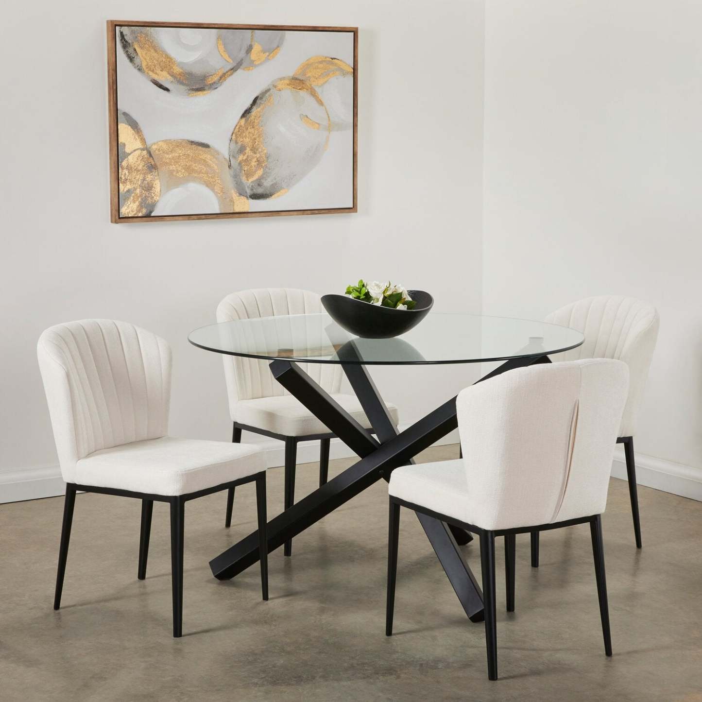 Zoe 5pc Dining Set with Table & 4 Chairs, Glass Top, Metal Geometric Base, 47W Round - Black & Ivory | Ensemble de salle à manger Zoe 5 pièces avec table ronde de 47 po (L), dessus en verre, base géométrique en métal et 4 chaises - noir et ivoire
