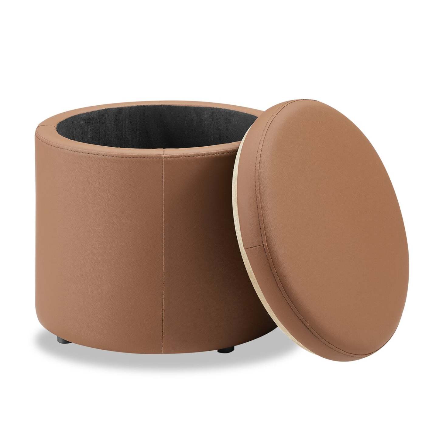Manitoba 18 Round Storage Ottoman - Brown Faux Leather|Pouf de rangement rond Manitoba de 18 po - similicuir brun