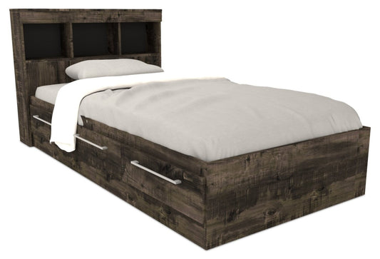 Ensemble de lit Riley Mates avec tête de lit bibliothèque pour enfants, fabriqué au Canada, gris - taille simple | Lit matelot Riley avec ensemble de tête de lit bibliothèque pour enfants, fabriqué au Canada, gris - format lit simple