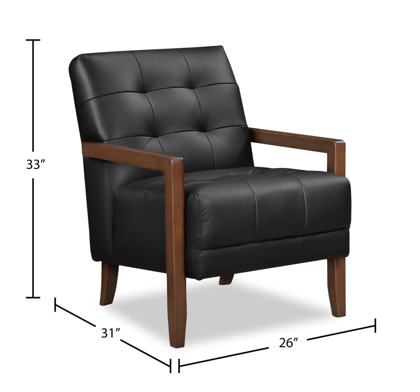Fauteuil d'appoint Enzo 26 en cuir véritable avec capitonnage en biscuit, accoudoirs sur rail et pieds en bois - Noir | Fauteuil d'appoint Enzo de 26 po en cuir avec capitonnage en véritable biscuit, accoudoirs rectilignes et pattes en bois - noir
