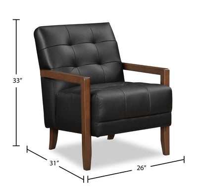 Fauteuil d'appoint Enzo 26 en cuir véritable avec capitonnage en biscuit, accoudoirs sur rail et pieds en bois - Noir | Fauteuil d'appoint Enzo de 26 po en cuir avec capitonnage en véritable biscuit, accoudoirs rectilignes et pattes en bois - noir