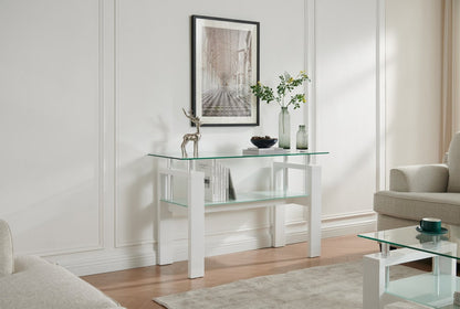 Harvy 50 Modern Glaass Top Sofa Table with Shelf - White |Table de salon moderne Harvy de 50 po avec dessus en verre et tablette - blanche