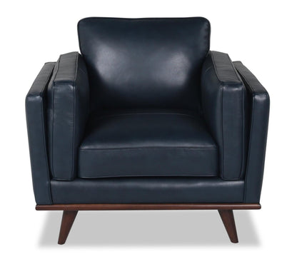 Vivia 40 Fauteuil en cuir véritable avec coussin de siège amovible et base en bois - bleu marine | Chaise Vivia 40 en cuir véritable avec coussin de siège amovible et base en bois - Bleu marine