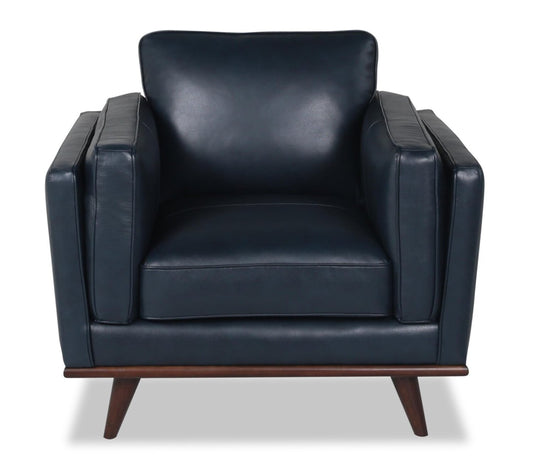 Vivia 40 Fauteuil en cuir véritable avec coussin de siège amovible et base en bois - bleu marine | Chaise Vivia 40 en cuir véritable avec coussin de siège amovible et base en bois - Bleu marine