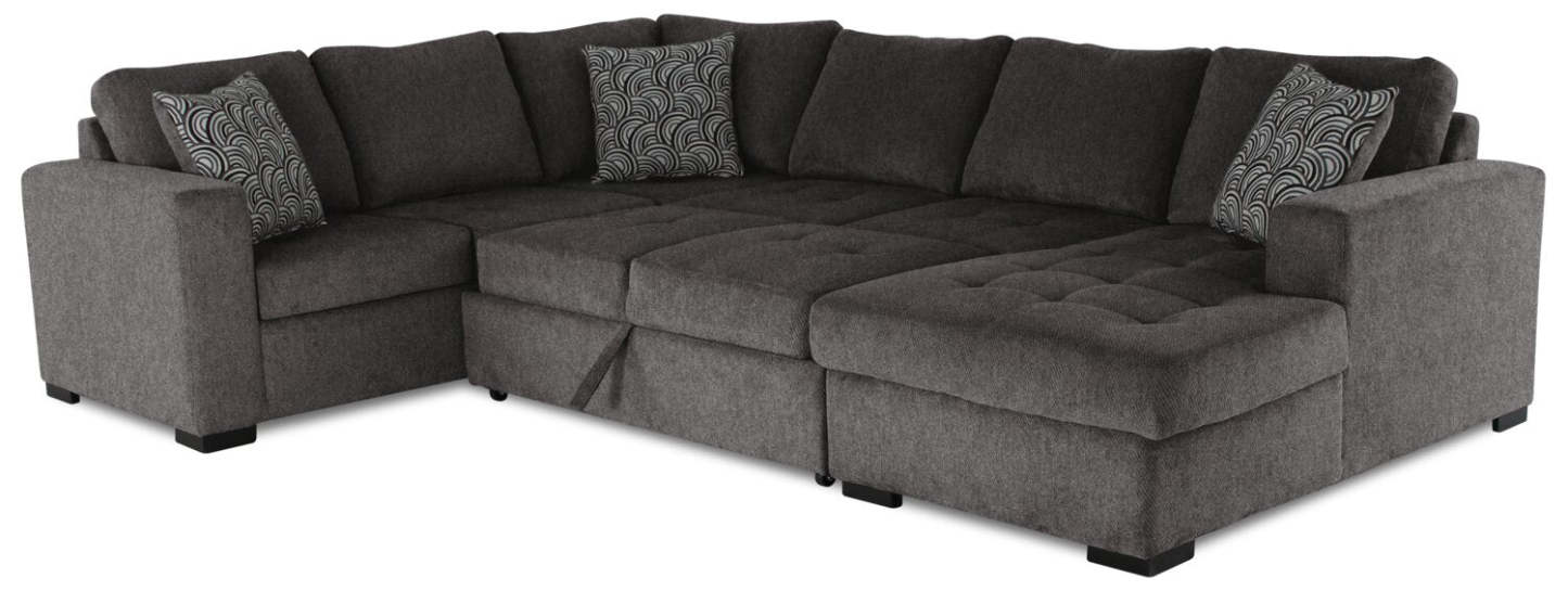 Made in Canada Legend 4-Piece Right-Facing Chenille Fabric Sleeper Sectional with Storage Chaise - Pewter Brown | Canapé-lit sectionnel de droite Legend 4 pièces fabriqué au Canada en tissu de chenille avec chaise longue de rangement - brun étain