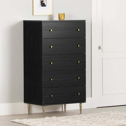 Commode de chambre à coucher Lake, 5 tiroirs, 29 L x 52 H, Fabriqué au Canada, Glam - Noir | Commode verticale somptueuse Lake de 29 po (L) x 52 po (H) à 5 tiroirs pour la chambre à coucher, fabriquée au Canada - noire